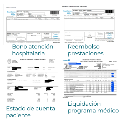 Documentos utilizados en procesos de liquidación de ISAPRE. Estos incluyen bonos de atención hospitalaria, reembolsos de prestaciones, estados de cuenta de pacientes, y liquidaciones de programas médicos.