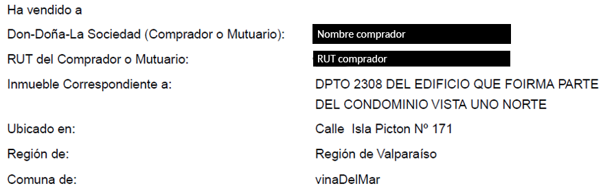 Carta de resguardo: se vende a [Nombre comprador omitido] el departamento 2308 del edificio en Calle Isla Picton 171, Valparaíso